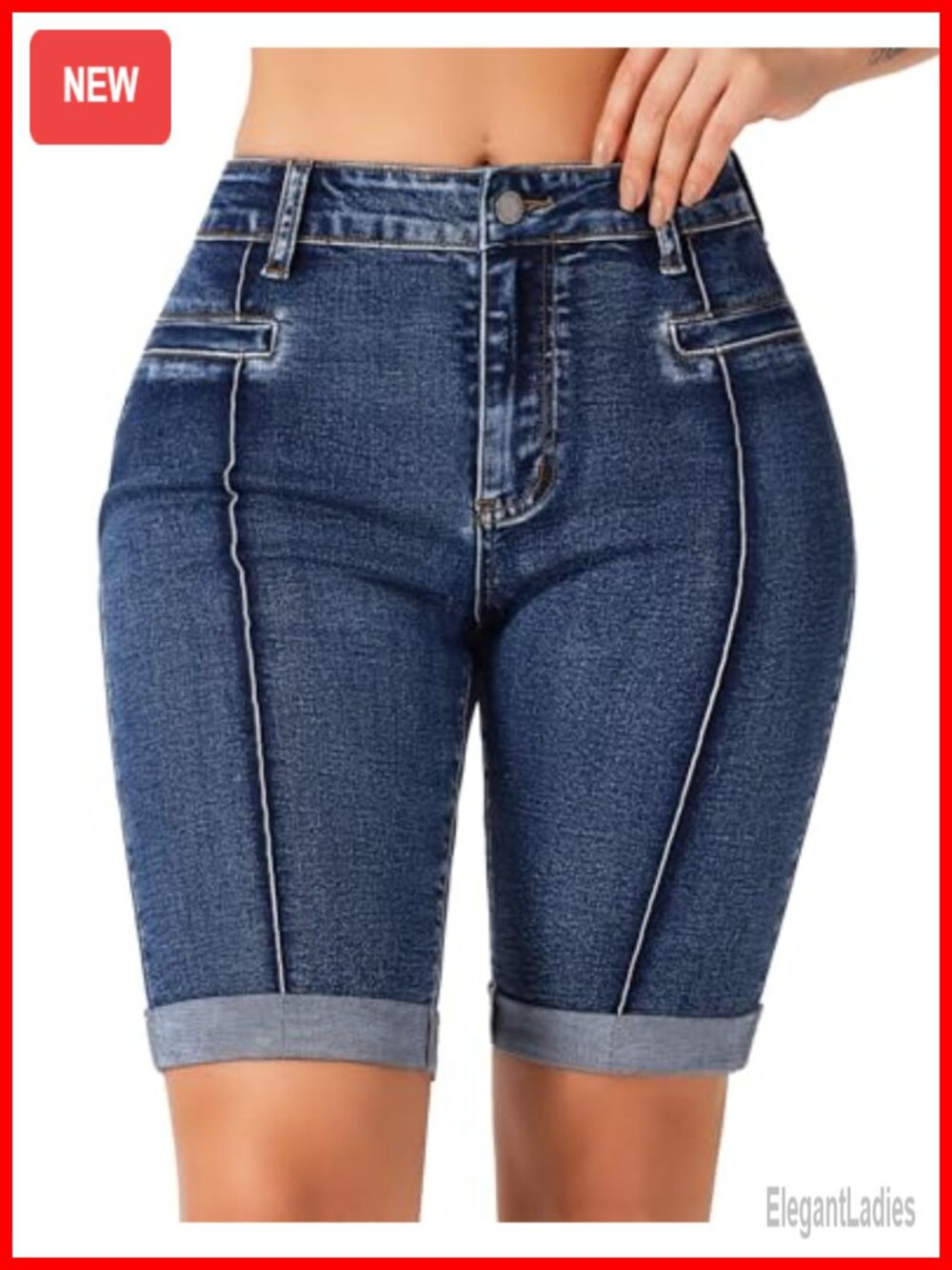 Stretchy Skinny Bermuda Jean Shorts with Front Seam